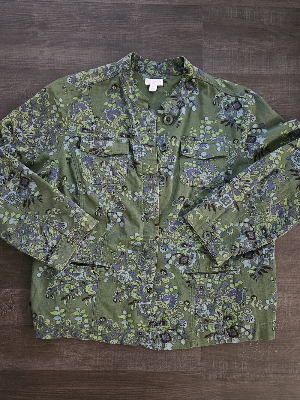 Charter Club Woman Green Floral Button Up Denim Utility Jacket Shacket 2X